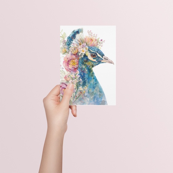 Watercolor Floral Peacock Wall Art Illustration Print Poster Card Unframed - Picture 4 of 9